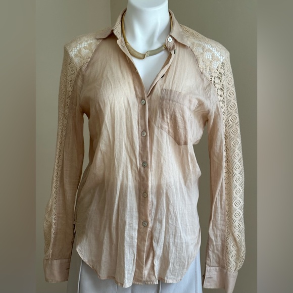 Anthropology Holding Horses CottonTan Blouse Sleeves shoulder & Back Lace SZ XS - Picture 1 of 16
